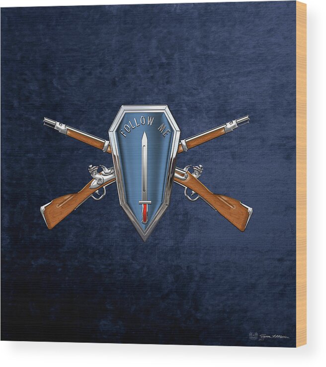 'military Insignia & Heraldry' Collection By Serge Averbukh Wood Print featuring the digital art U. S. Army Infantry School Distinctive Unit Insignia over Blue Velvet by Serge Averbukh