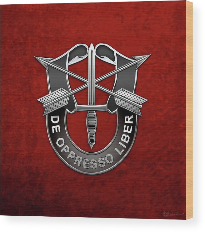 'military Insignia & Heraldry' Collection By Serge Averbukh Wood Print featuring the digital art U. S. Army Special Forces - Green Berets D U I over Red Velvet by Serge Averbukh