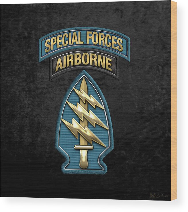 'military Insignia & Heraldry' Collection By Serge Averbukh Wood Print featuring the digital art U. S. Army Special Forces - Green Berets S S I over Black Velvet by Serge Averbukh