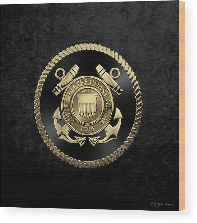 'military Insignia & Heraldry' Collection By Serge Averbukh Wood Print featuring the digital art U. S. Coast Guard - U S C G Emblem Black Edition over Black Velvet by Serge Averbukh
