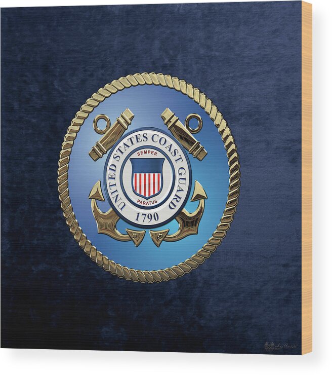 'military Insignia & Heraldry 3d' Collection By Serge Averbukh Wood Print featuring the digital art U. S. Coast Guard - U S C G Emblem over Blue Velvet by Serge Averbukh