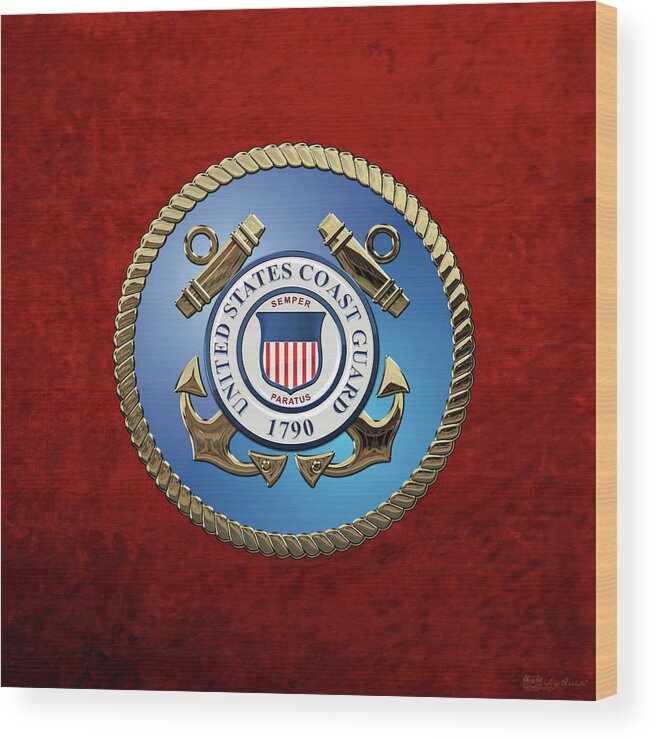 'military Insignia & Heraldry 3d' Collection By Serge Averbukh Wood Print featuring the digital art U. S. Coast Guard - U S C G Emblem by Serge Averbukh