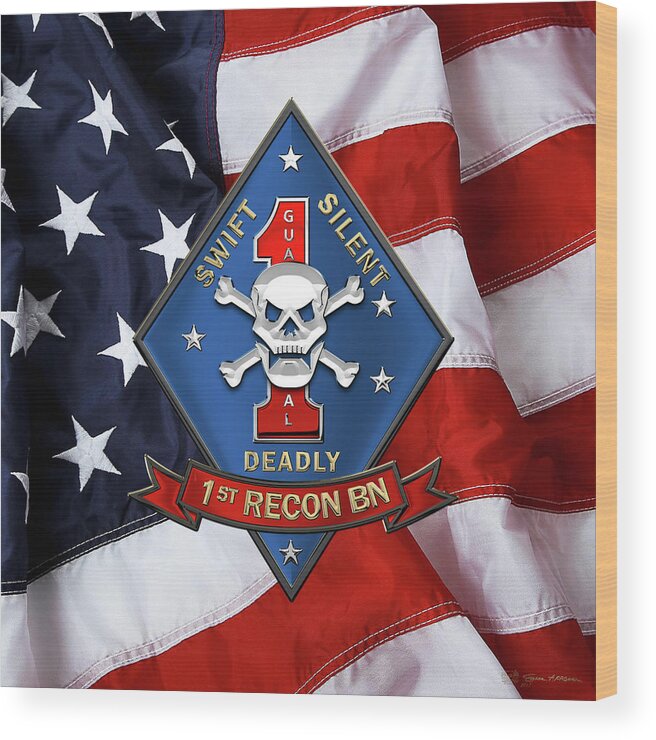 'military Insignia & Heraldry' Collection By Serge Averbukh Wood Print featuring the digital art U S M C 1st Reconnaissance Battalion - 1st Recon Bn Insignia over American Flag by Serge Averbukh