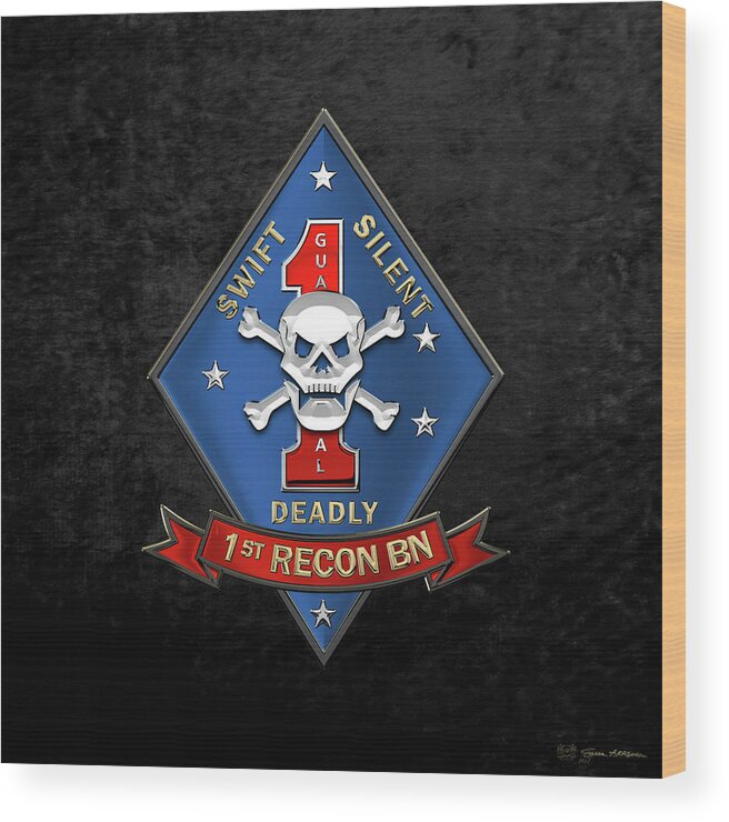 'military Insignia & Heraldry' Collection By Serge Averbukh Wood Print featuring the digital art U S M C 1st Reconnaissance Battalion - 1st Recon Bn Insignia over Black Velvet by Serge Averbukh