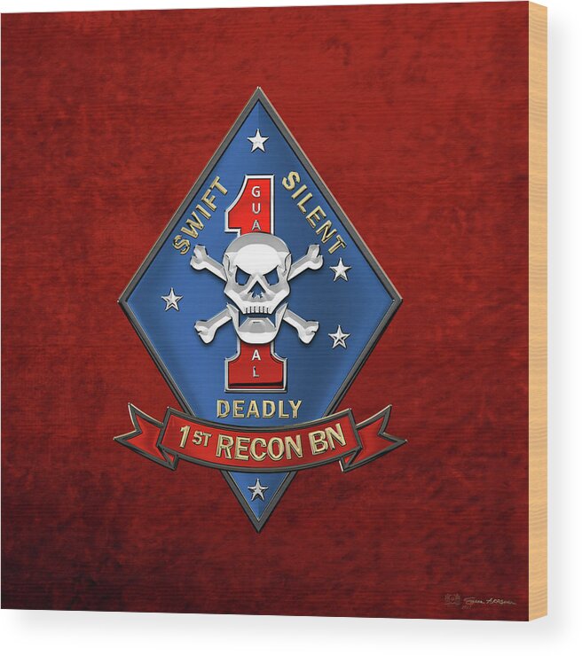 'military Insignia & Heraldry' Collection By Serge Averbukh Wood Print featuring the digital art U S M C 1st Reconnaissance Battalion - 1st Recon Bn Insignia over Red Velvet by Serge Averbukh