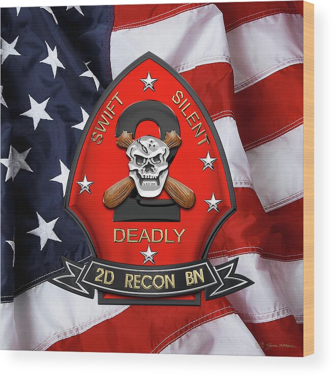 'military Insignia & Heraldry' Collection By Serge Averbukh Wood Print featuring the digital art U S M C 2nd Reconnaissance Battalion - 2nd Recon Bn Insignia over American Flag by Serge Averbukh