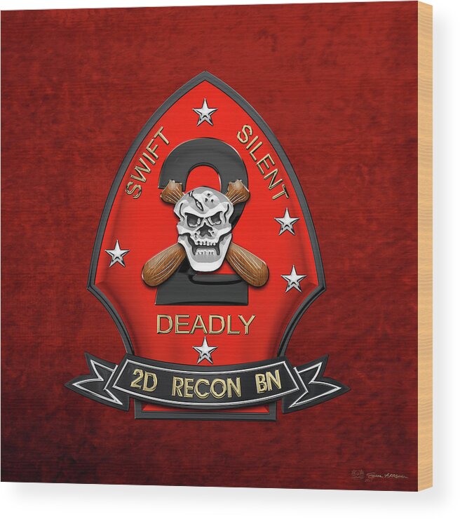 'military Insignia & Heraldry' Collection By Serge Averbukh Wood Print featuring the digital art U S M C 2nd Reconnaissance Battalion - 2nd Recon Bn Insignia over Red Velvet by Serge Averbukh