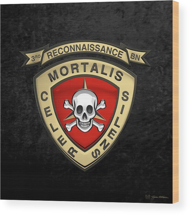 'military Insignia & Heraldry' Collection By Serge Averbukh Wood Print featuring the digital art U S M C 3rd Reconnaissance Battalion - 3rd Recon Bn Insignia over Black Velvet by Serge Averbukh