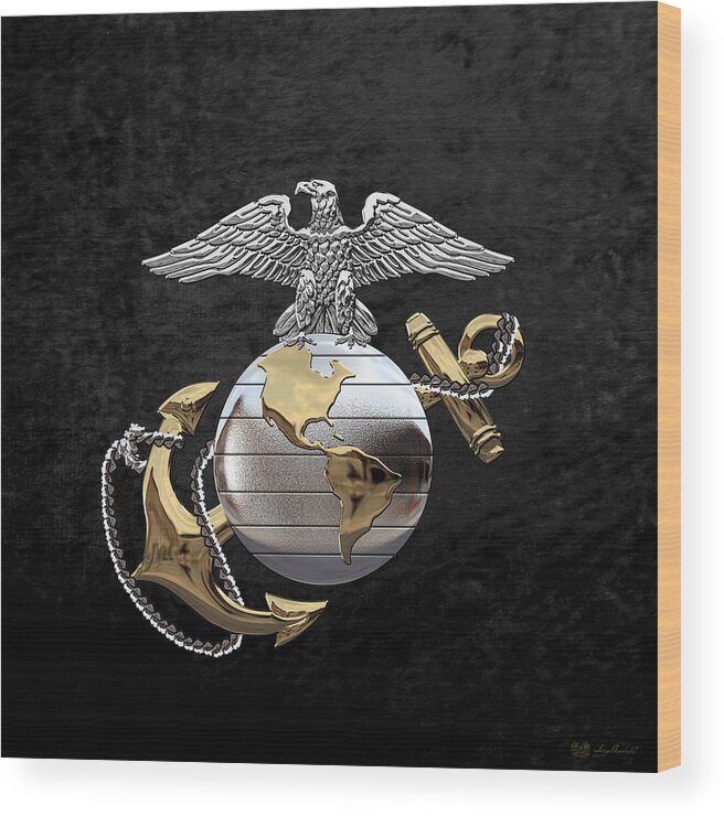 'usmc' Collection By Serge Averbukh Wood Print featuring the digital art U S M C Eagle Globe and Anchor - C O and Warrant Officer E G A over Black Velvet by Serge Averbukh