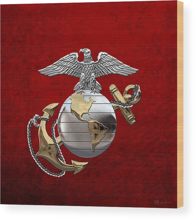 'usmc' Collection By Serge Averbukh Wood Print featuring the digital art U S M C Eagle Globe and Anchor - C O and Warrant Officer E G A over Red Velvet by Serge Averbukh