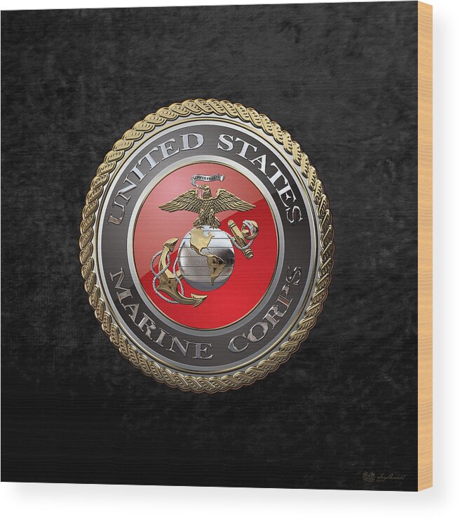 'usmc' Collection By Serge Averbukh Wood Print featuring the digital art U. S. Marine Corps - U S M C Emblem over Black Velvet by Serge Averbukh