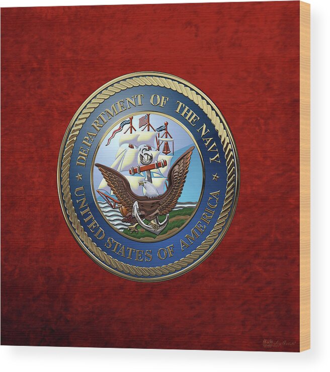 'military Insignia & Heraldry 3d' Collection By Serge Averbukh Wood Print featuring the digital art U. S. Navy - U S N Emblem over Red Velvet by Serge Averbukh