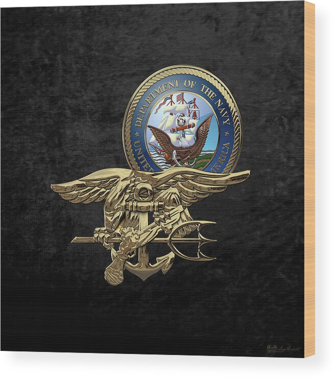 'military Insignia & Heraldry 3d' Collection By Serge Averbukh Wood Print featuring the digital art U. S. Navy S E A Ls Trident over Black Velvet by Serge Averbukh