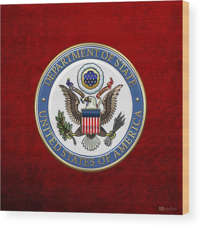 'military Insignia & Heraldry 3d' Collection By Serge Averbukh Wood Print featuring the digital art U. S. Department of State - DoS Emblem over Red Velvet by Serge Averbukh