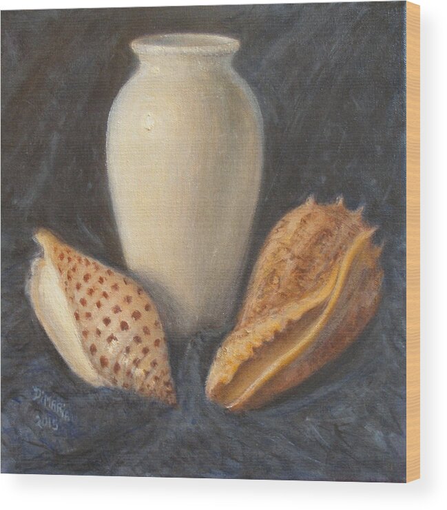Realism Wood Print featuring the painting Vase with Imperial Volute and Junonia by Donelli DiMaria