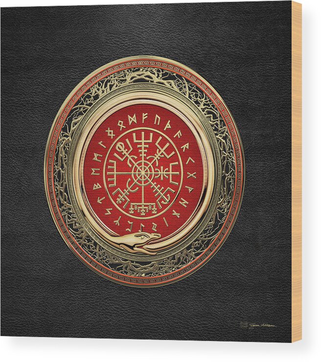'viking Treasures' By Serge Averbukh Wood Print featuring the digital art Vegvisir - A Gold Magic Viking Runic Compass on Black Leather by Serge Averbukh