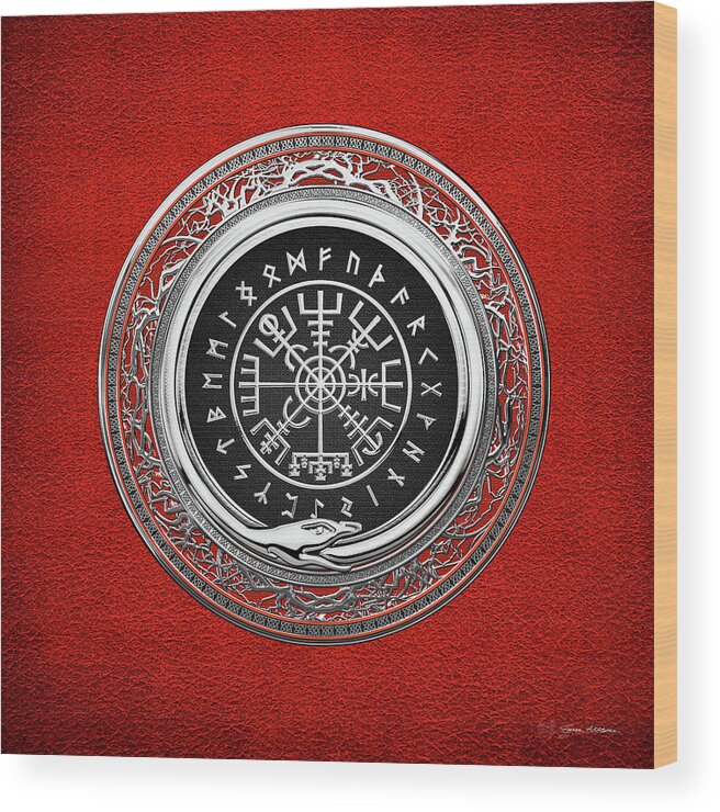 'viking Treasures' By Serge Averbukh Wood Print featuring the digital art Vegvisir - A Silver Magic Viking Runic Compass on Red Leather by Serge Averbukh