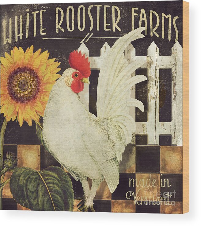 Rooster Wood Print featuring the painting Vermont Farms White Rooster by Mindy Sommers