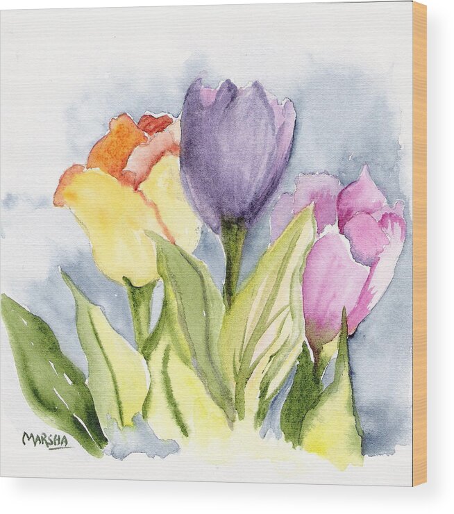 Tulips Flowers Floral Gardens Painting Purple Yellow Pink Wood Print featuring the painting Vickis Tulip by Marsha Woods