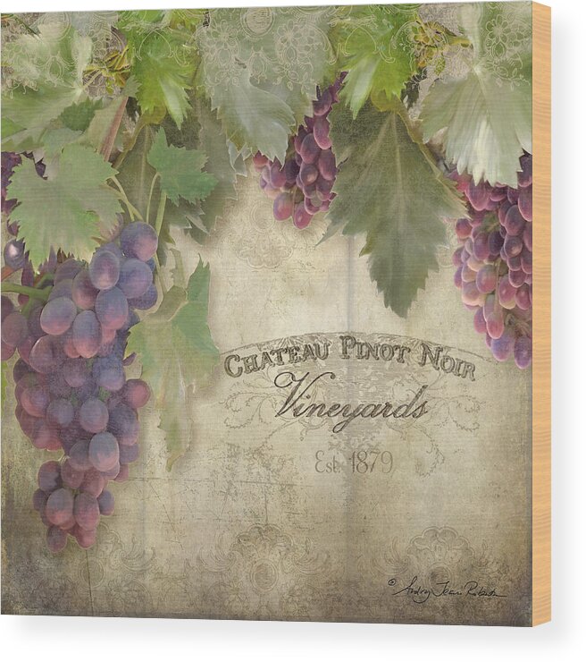 Pinot Noir Grapes Wood Print featuring the painting Vineyard Series - Chateau Pinot Noir Vineyards Sign by Audrey Jeanne Roberts