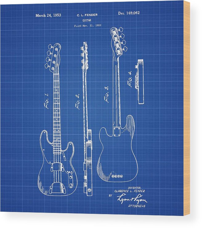 Vintage Wood Print featuring the photograph Vintage 1953 Fender Base Blueprint Patent by Bill Cannon