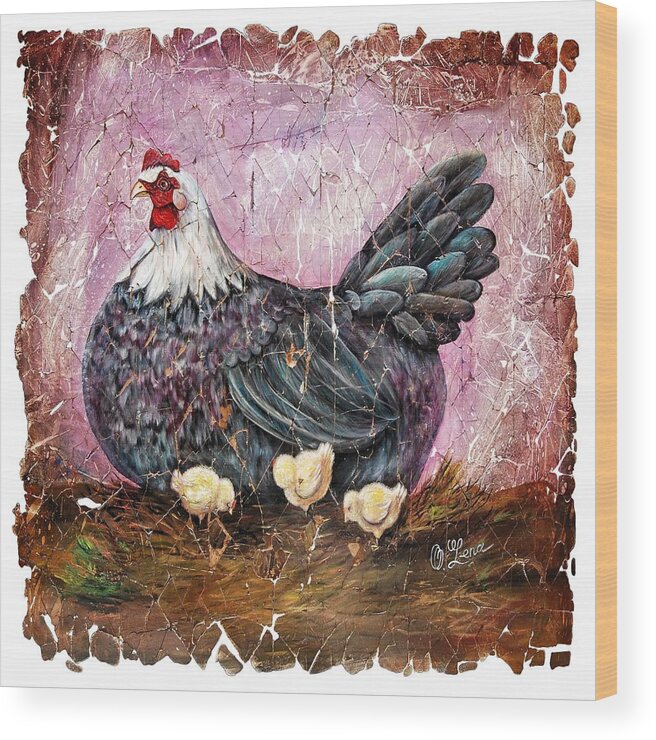  Mosaic Wood Print featuring the digital art Vintage Blue Hen with Chicks Fresco by OLena Art by Lena Owens - Vibrant DESIGN