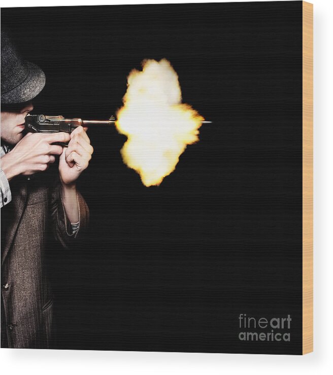 Gangster Wood Print featuring the photograph Vintage Gangster Man Shooting Gun On Black by Jorgo Photography