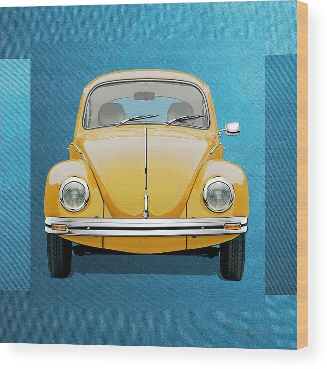 'volkswagen - Bugs And Buses' Collection By Serge Averbukh Wood Print featuring the digital art Volkswagen Type 1 - Yellow Volkswagen Beetle on Blue Canvas by Serge Averbukh