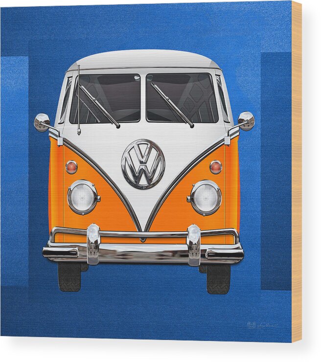 'volkswagen Type 2' Collection By Serge Averbukh Wood Print featuring the photograph Volkswagen Type - Orange and White Volkswagen T 1 Samba Bus over Blue Canvas by Serge Averbukh
