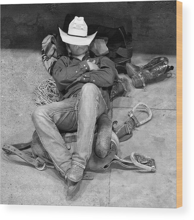 Rodeo Cowboy Wood Print featuring the photograph Waiting for His Ride by Bob Ayre