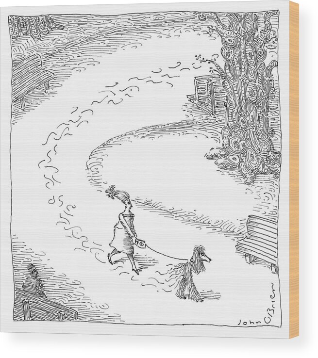 Dog Wood Print featuring the drawing Walking the Dog by John O'Brien