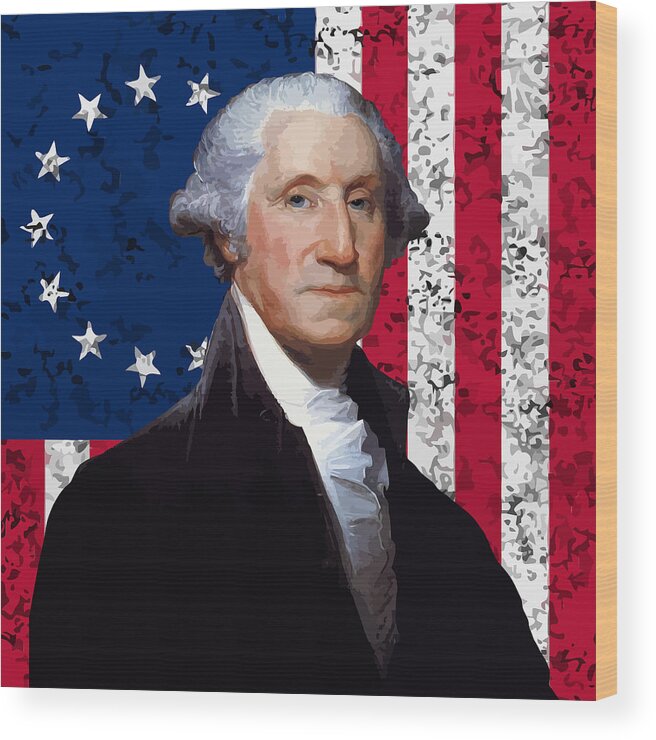 George Washington Wood Print featuring the painting Washington and The American Flag by War Is Hell Store