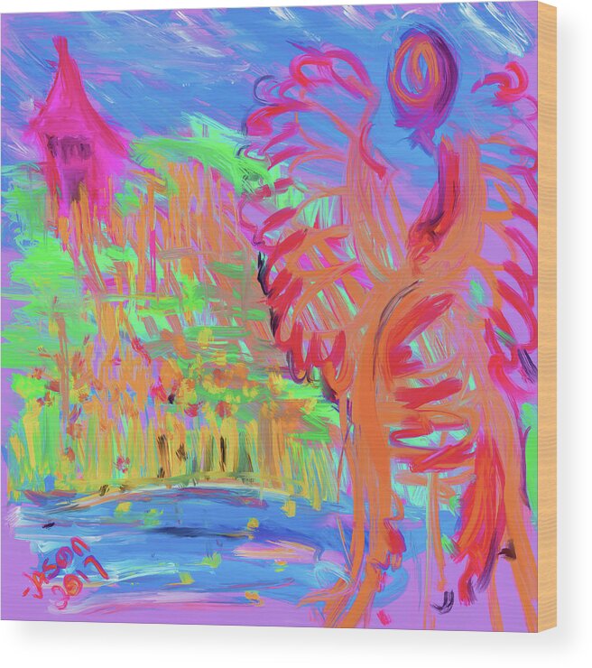 Angel Wood Print featuring the digital art Watching Over the Little Pink House by Jason Nicholas