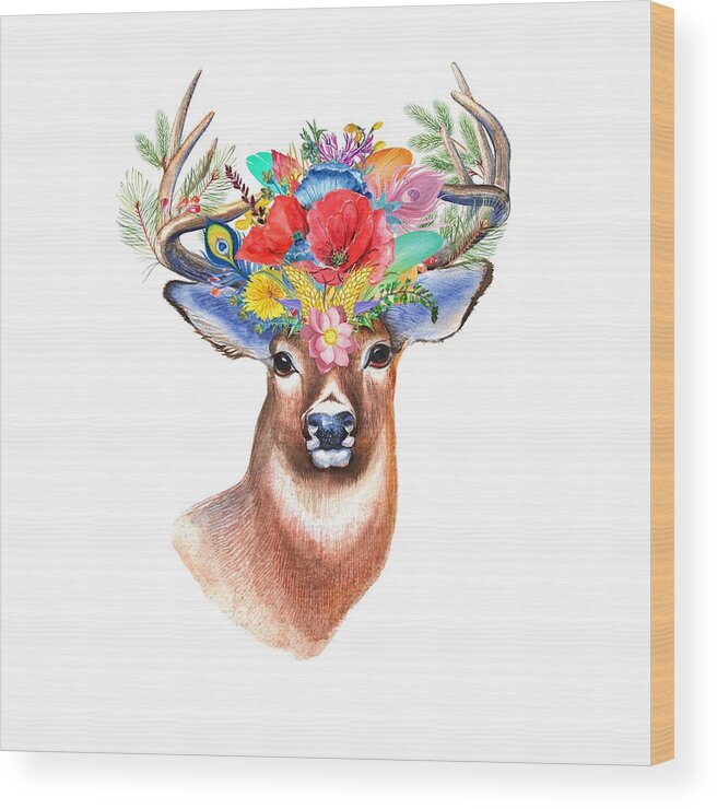 Stag Wood Print featuring the painting Watercolor Fairytale Stag With Crown Of Flowers by Modern Art