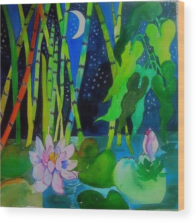 Landscape Wood Print featuring the painting Waterlillies at Midnight by Esther Woods