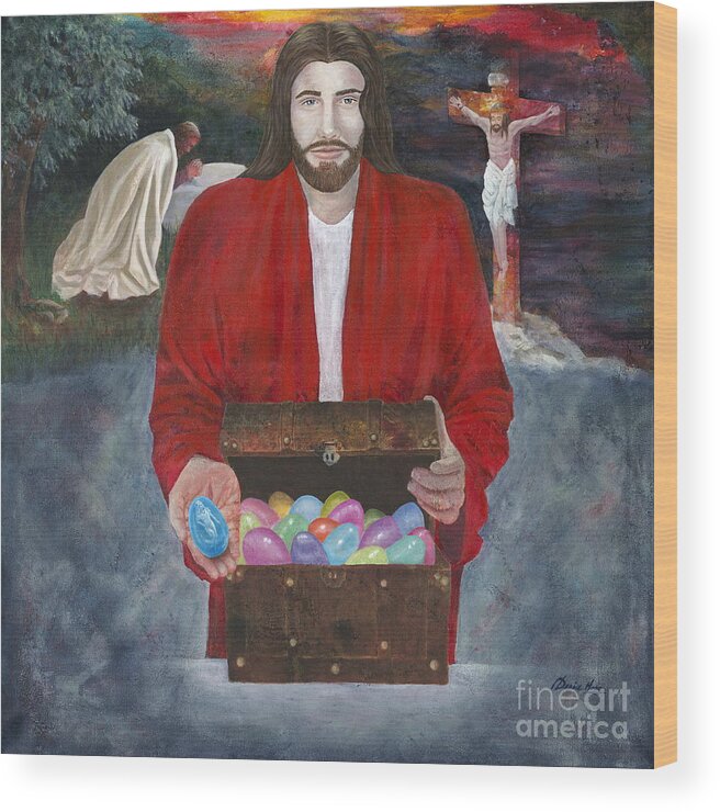 Jesus Christ Wood Print featuring the painting We Are the Eggs at Easter by Denise Hoag