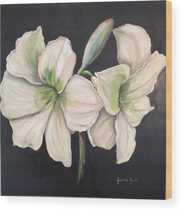 White Flower Amaryllis Green Wood Print featuring the painting White Amaryllis by Gloria Smith