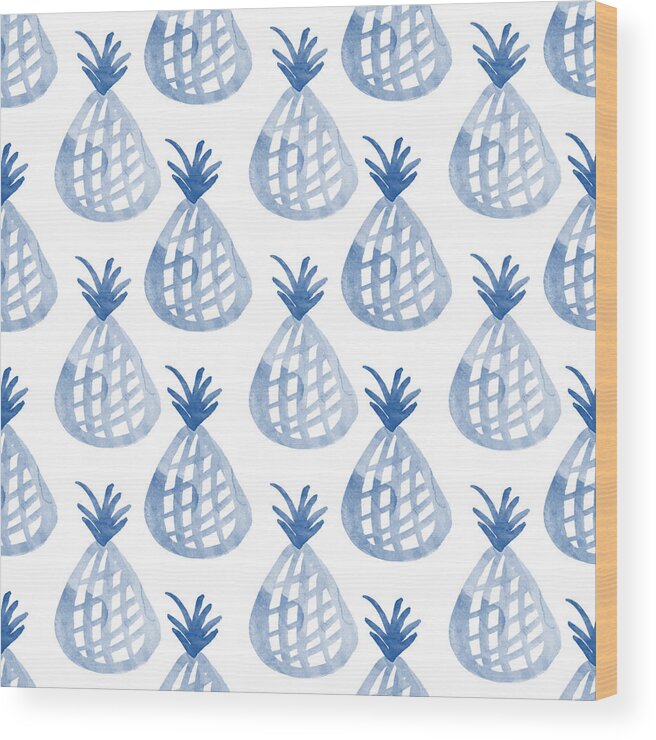 Pineapple Wood Print featuring the mixed media White and Blue Pineapple Party by Linda Woods