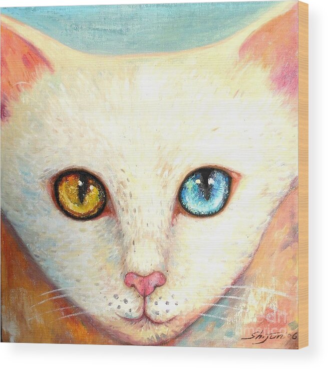 Portrait Wood Print featuring the painting White Cat by Shijun Munns