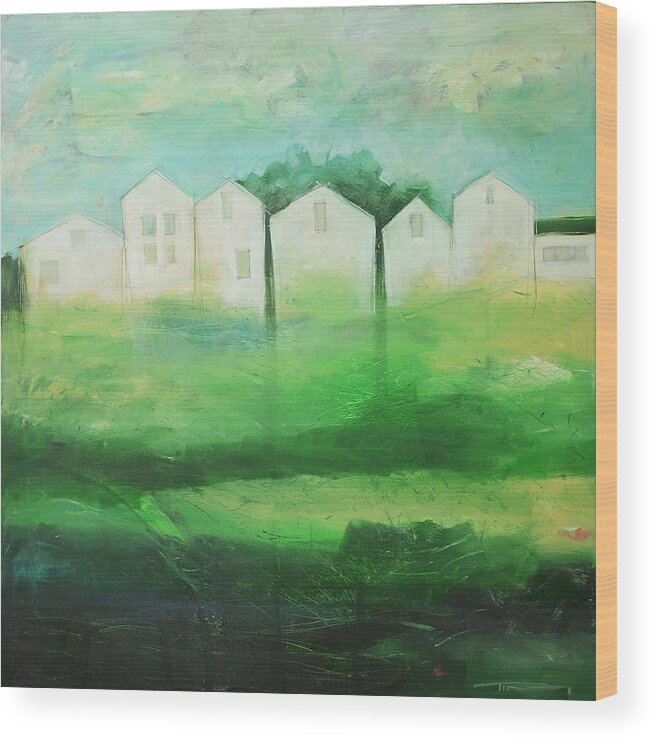 White Wood Print featuring the painting White Houses in Row by Field by Tim Nyberg