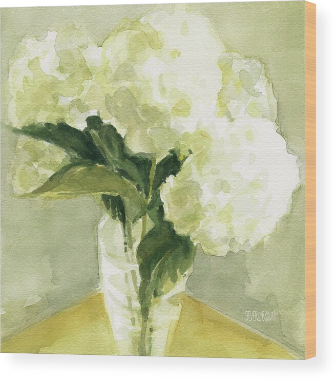 Floral Wood Print featuring the painting White Hydrangeas Morning Light by Beverly Brown