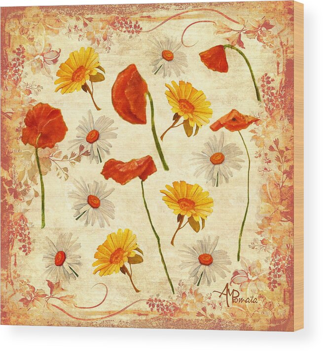 Wild Flowers Wood Print featuring the mixed media Wild Flowers Vintage by Angeles M Pomata