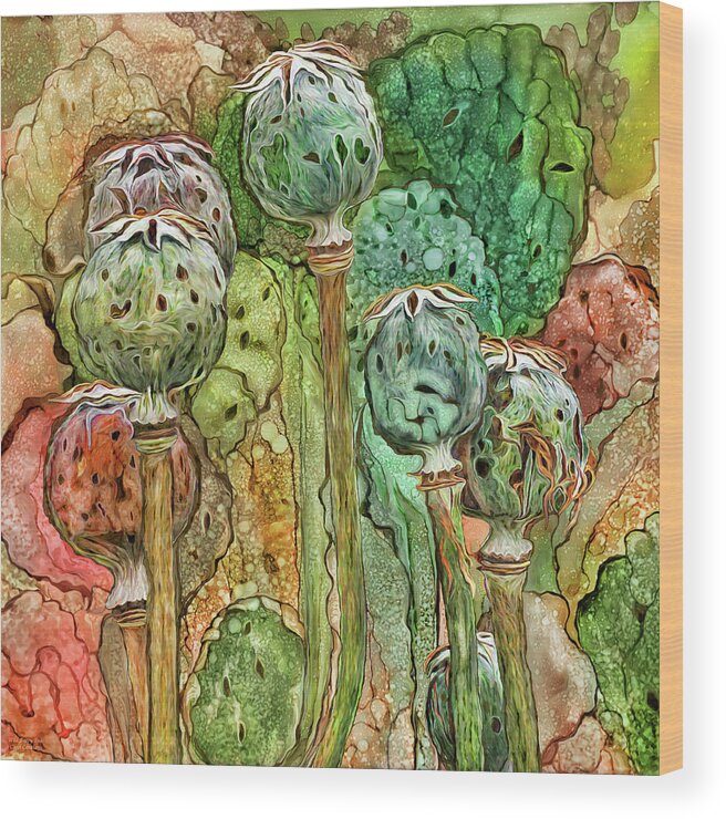 Carol Cavalaris Wood Print featuring the mixed media Wild Poppy Pods by Carol Cavalaris