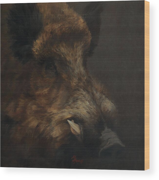Boar Wood Print featuring the painting Wildboar Portrait by Attila Meszlenyi