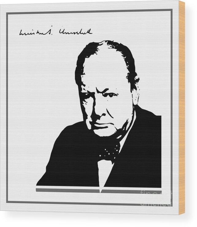Vector Drawing Of The Silhouette Of Winston Churchill Wood Print featuring the digital art Winston Churchill silhouette signature by Heidi De Leeuw