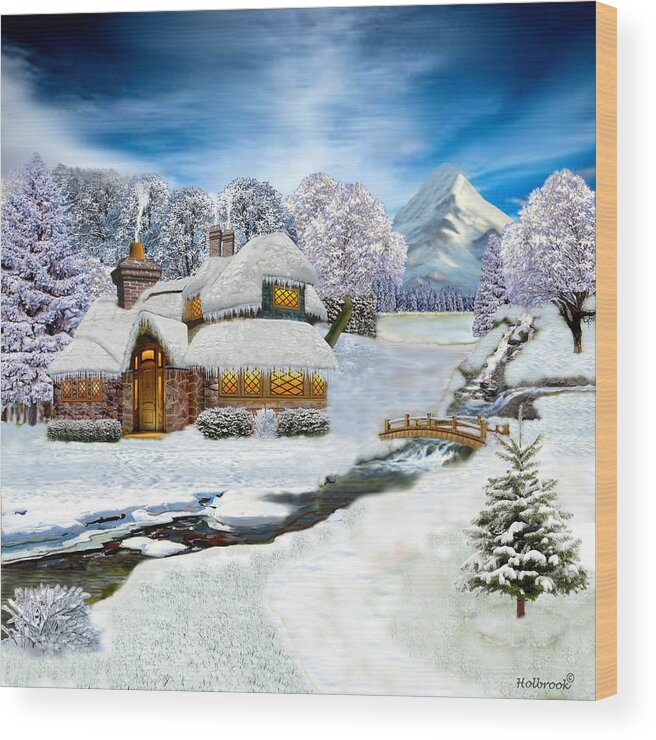 Thatched Cottage Wood Print featuring the digital art Winter Country Cottage by Glenn Holbrook