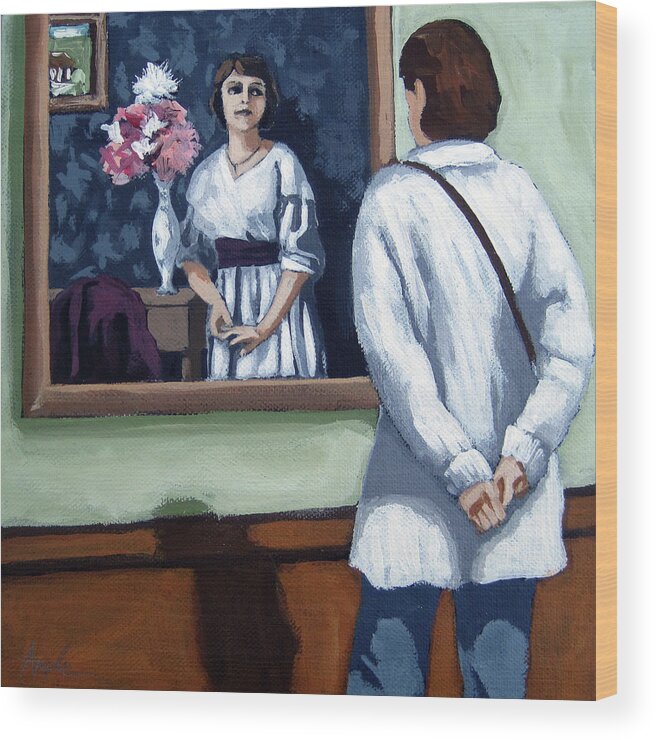 Woman Wood Print featuring the painting Woman at Art Museum figurative painting by Linda Apple
