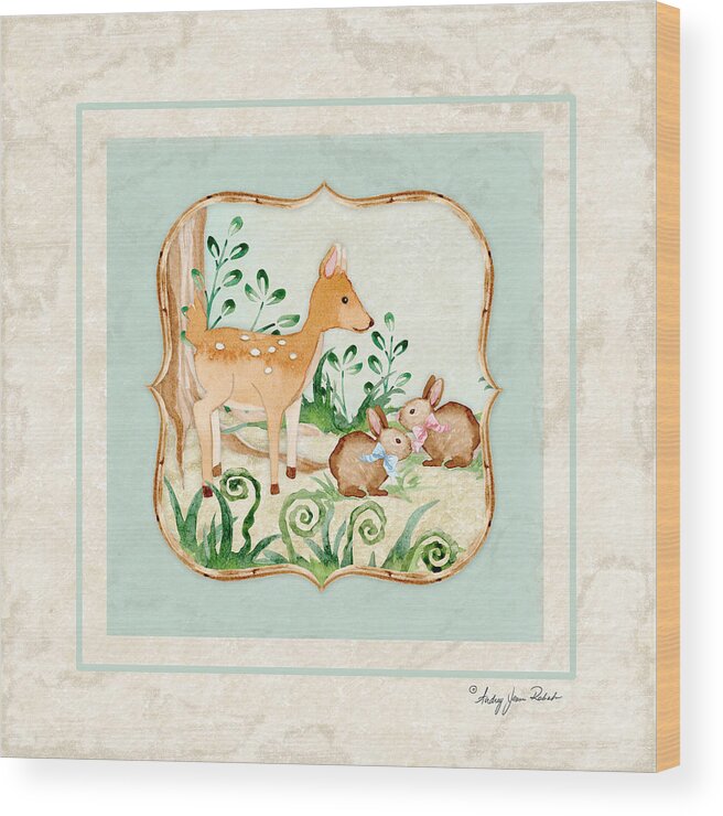 Woodland Wood Print featuring the painting Woodland Fairy Tale - Deer Fawn Baby Bunny Rabbits in Forest by Audrey Jeanne Roberts