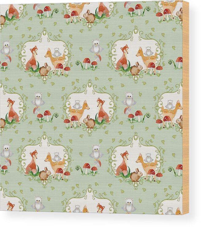 Trendy Wood Print featuring the painting Woodland Fairy Tale - Mint Green Sweet Animals Fox Deer Rabbit owl - Half Drop Repeat by Audrey Jeanne Roberts