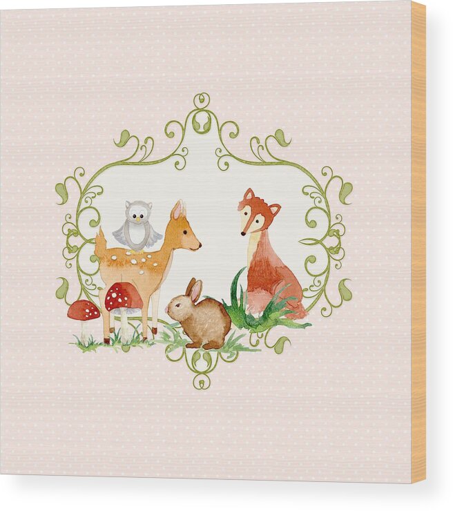 Woodland Wood Print featuring the painting Woodland Fairytale - Animals Deer Owl Fox Bunny n Mushrooms by Audrey Jeanne Roberts